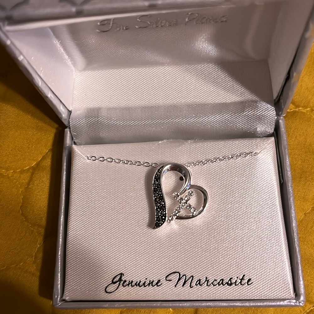 Silver Heart Marcasite Pendant Necklace - Silver/Black